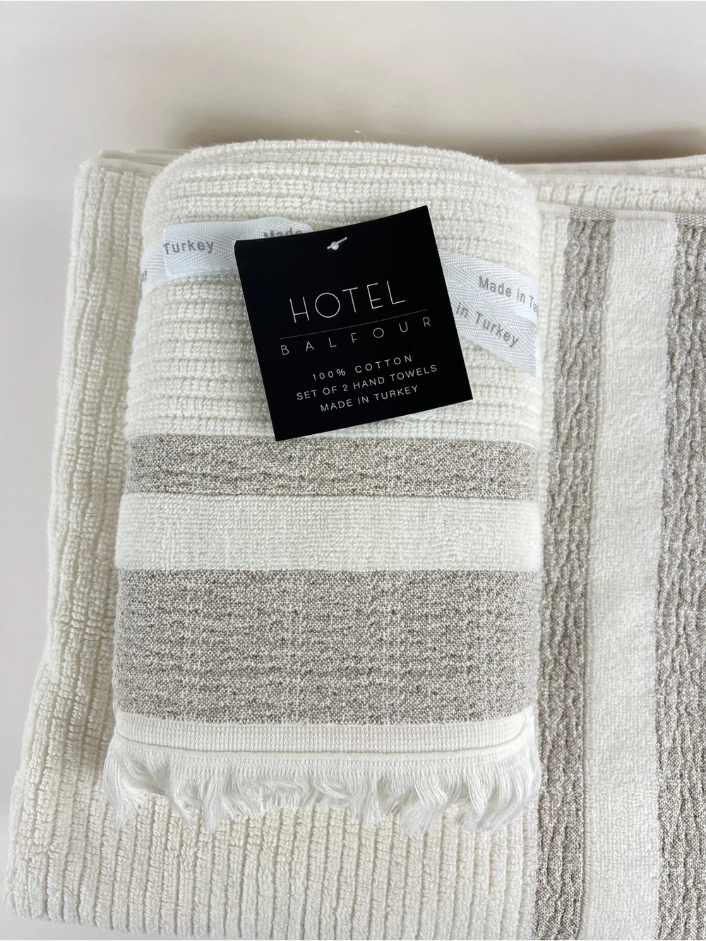 Hotel Balfour BathTowel Set White Tan Stripe Fringe Soft Turkish Cotton 6 Pc NEW